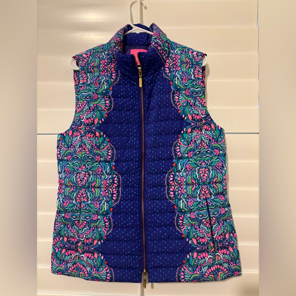 Quilted Sleeveless Vest in Blue with Pink & Teal Pattern